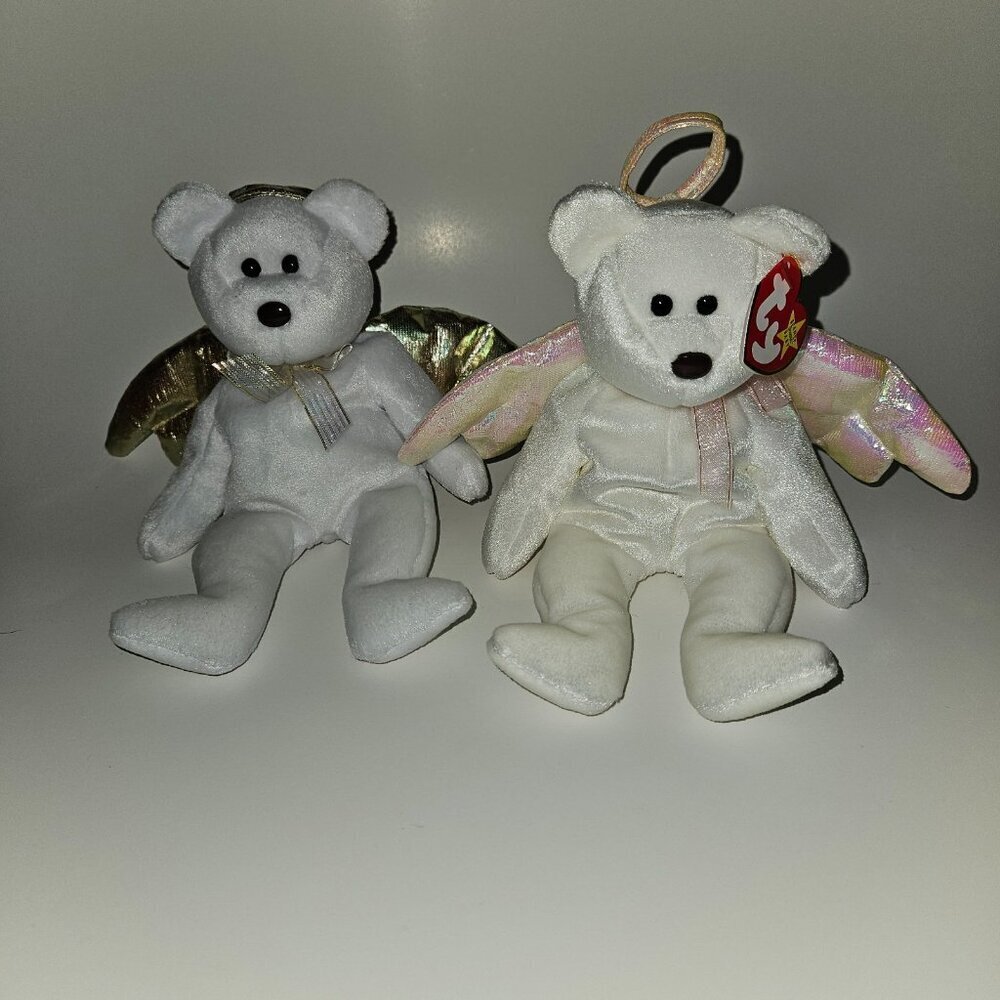 2 Ty Beanie Baby Angel Teddy Bear Lot Halo 1998 Halo II 2000 Pink Gold Ribbons